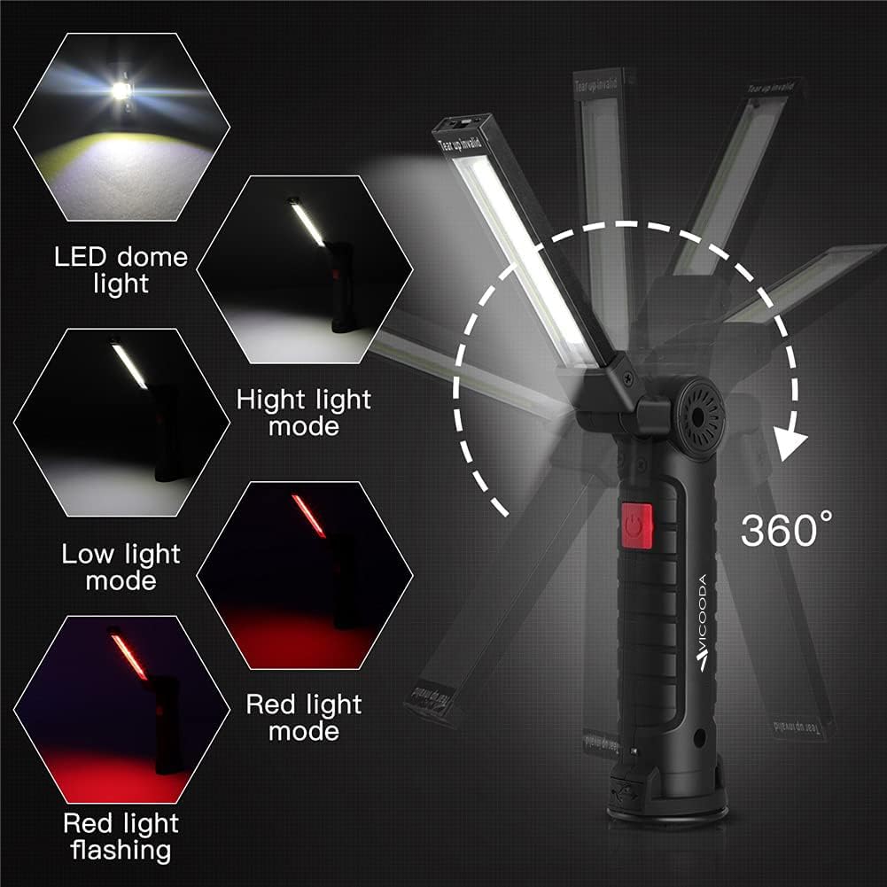 VICOODA LED Rechargeable Work Light with Magnetic Base, Hanging Hook, 360° Rotate, 5 Modes, USB Portable Mechanic Light for Car Repair, Grill, Outdoor, Emergency, Tight Spaces (4 Pack)