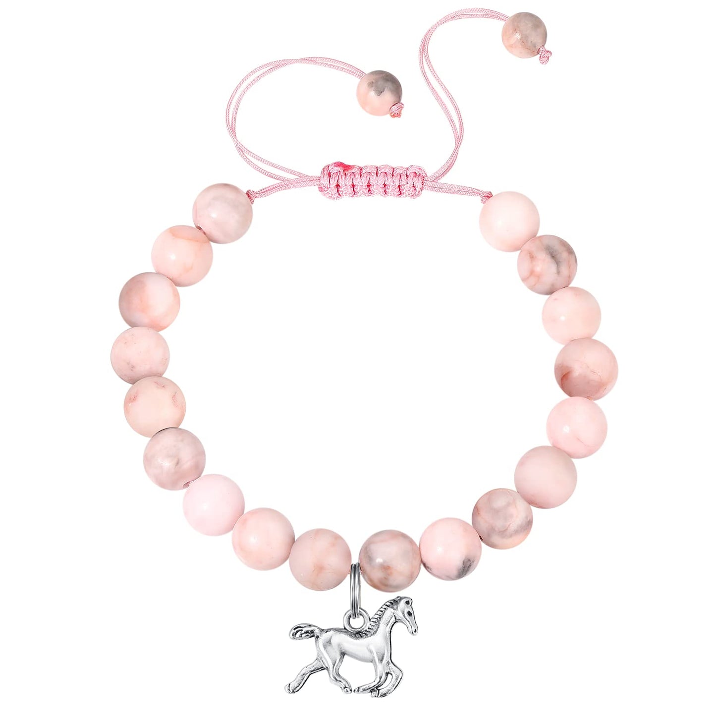MIXJOY Horse Jewelry, Pony Charm Pink Rope Braided Beads Natural Stone Bracelet for Horse Lovers, Teens Horseback Riding Equestr