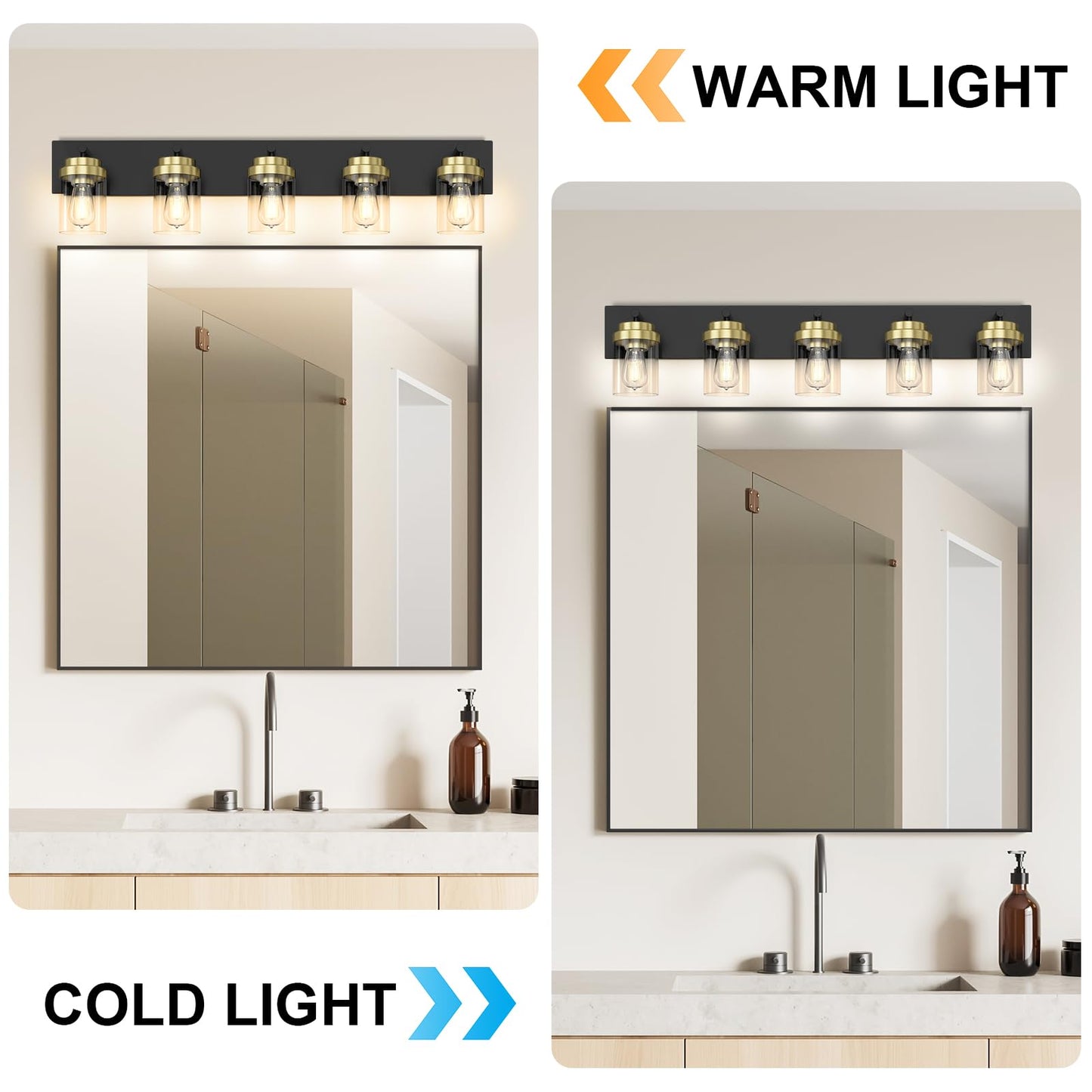 Izorro Bathroom Vanity Light Fixture  5-Light 36 Inch Black And Gold Bathroom Light Fixtures Over Mirror  With Clear Glass Shade  Modern Farmhouse Vanity Lights  Rustic Restroom Lighting Fixtures