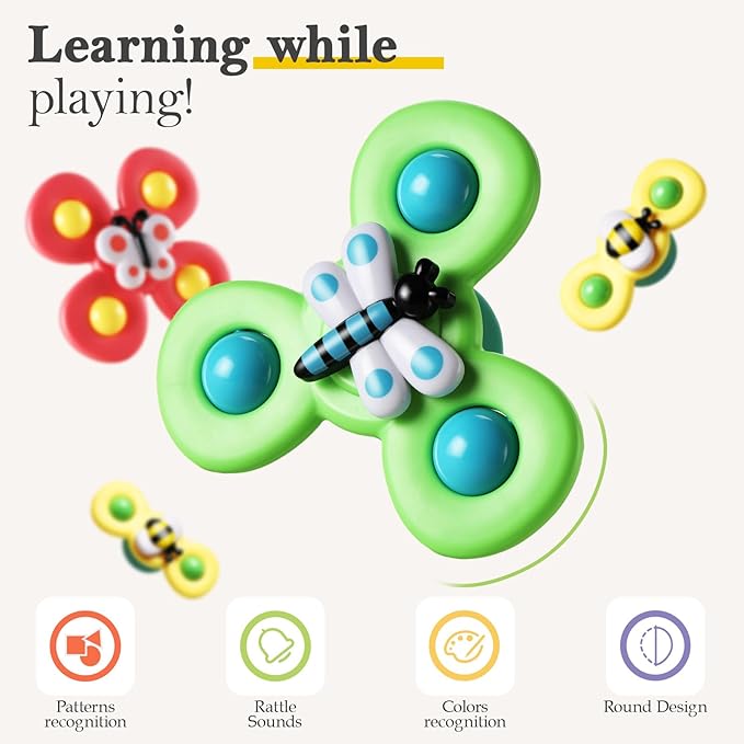 ALASOU 3PCS Suction Cup Spinner Toys for 1 Year Old Boy Girl|Spinning Top Baby Toys 12 18 Months|1 2 Year Old Boy Birthday Gift|Baby Bath Toy for Kids Ages 1-3|Sensory Toy for Toddlers 1-3