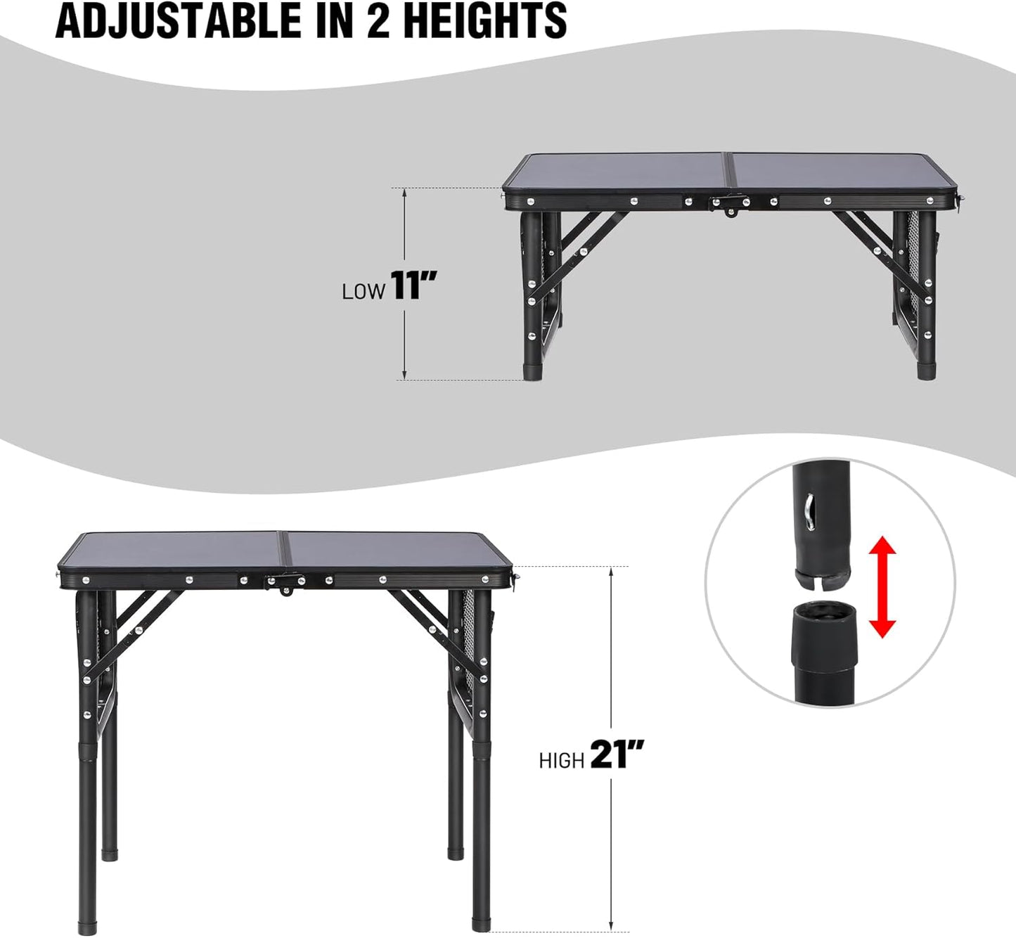 RedSwing Small Folding Table 2ft, Adjustable Height with Extra Space, Lightweight and Portable Aluminum Frame Camping Table for Outdoor Indoor Picnic, Black
