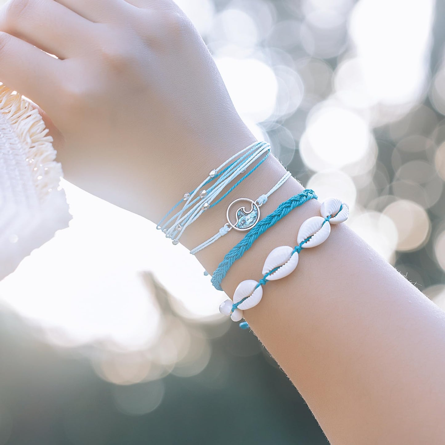 FANCY SHINY Wave String Bracelets Braid Puka Shell Bead Bracelets Handmade Cute Trendy Abalone Boho Jewelry Gifts for Women(Lake