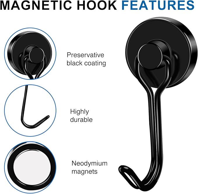 LOVIMAG Hooks, 50lbs+ Magnetic Magnet Hook 2025 Cruise Cabin Ship Essentials Heavy Duty Strong Refrigerator Fridge Hanging for Classroom Beach Vacation Kitchen Grills Home Mug Hanger (6 Pack), Black