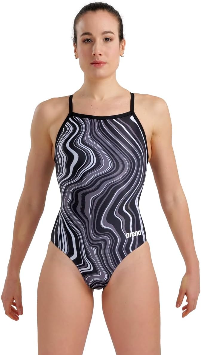 Arena Womens Arena Performance Women's Marbled Sports Swimsuit Light Drop Back Bathing Suit