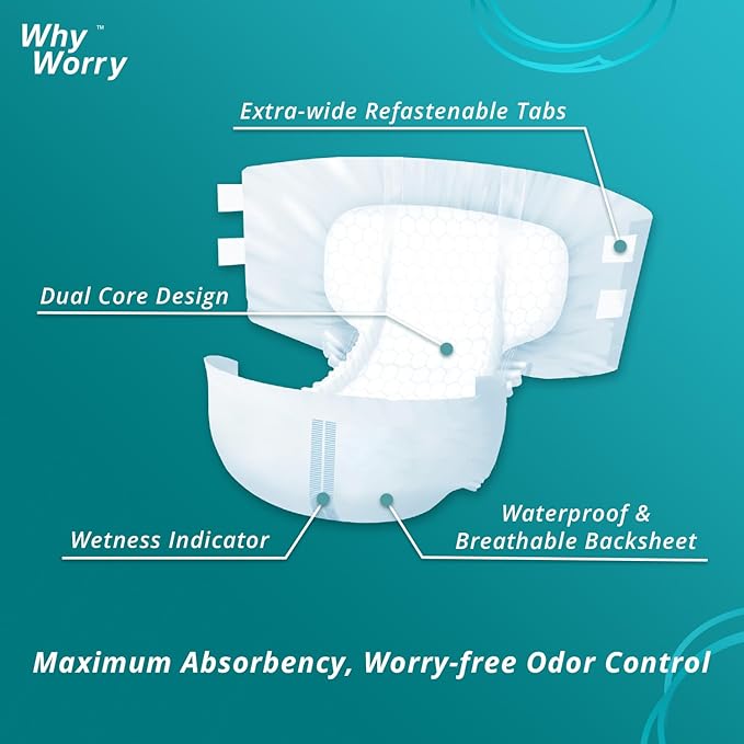 WhyWorry Adult Diapers with Tabs, Disposable Incontinence Briefs for Women & Men with Maximum Absorbency, Adult Briefs for Incontinence Overnight, Odor Control, Unisex, XLarge, 60 Count (4 Pack of 15)