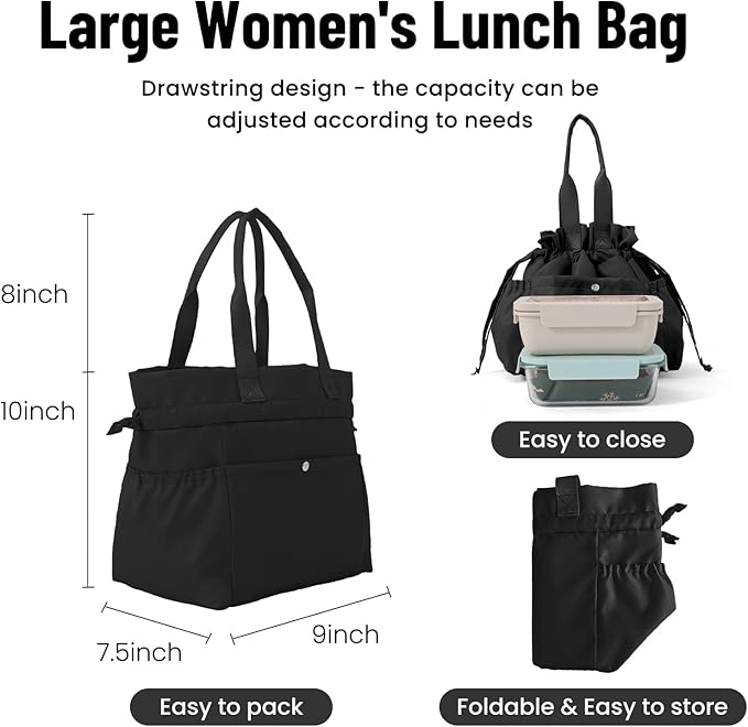 MEXS Lunch Bag for Women Reusable Drawstring Insulated Lunch Box Stain-Resistant Large Cinch Closure Lunch Bags for Work Office