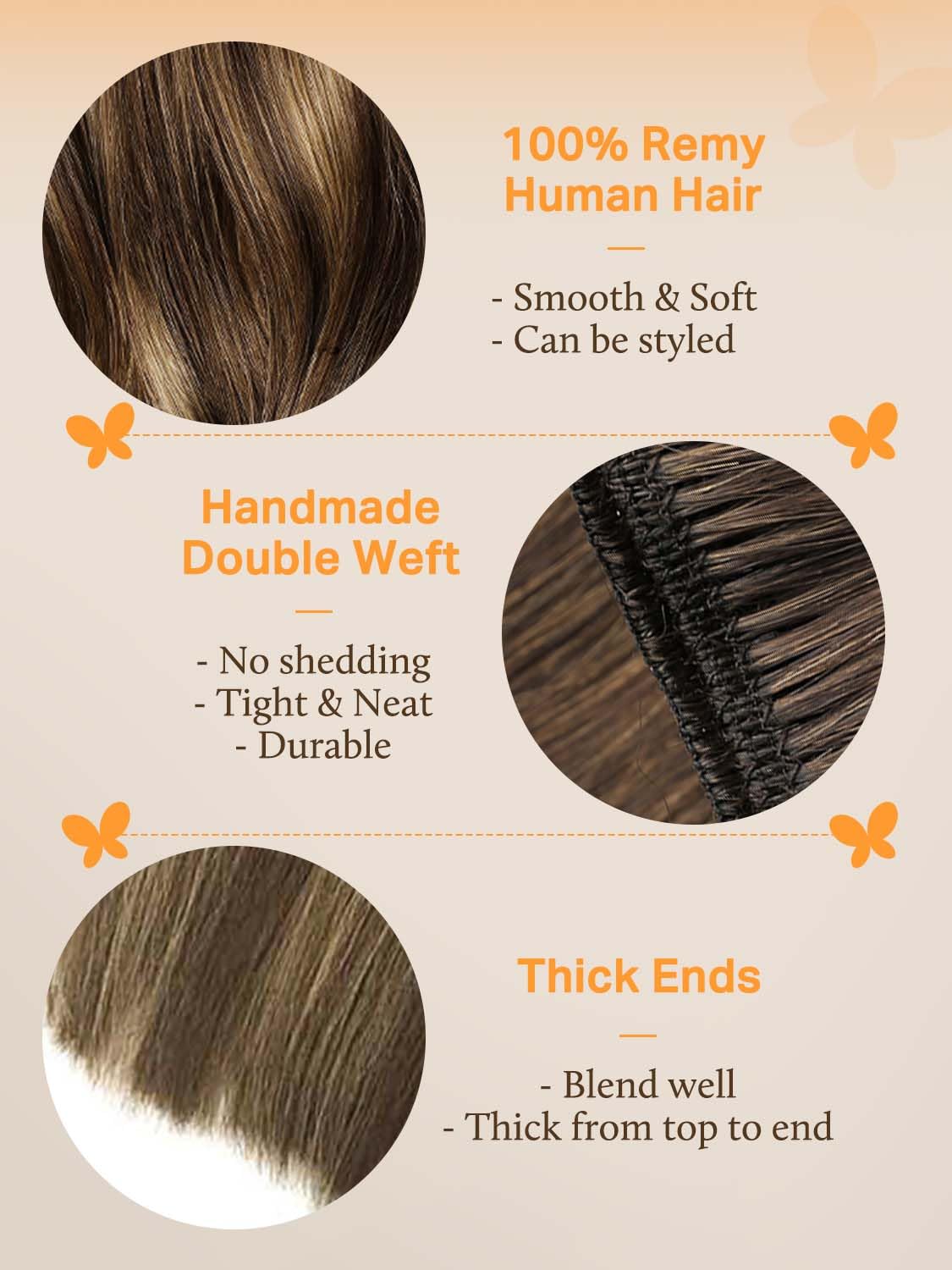 DOORES Sew in Hair Extensions Real Human Hair, Balayage Chocolate Brown to Caramel Blonde 18 Inch 100g, Weft Extensions Natural