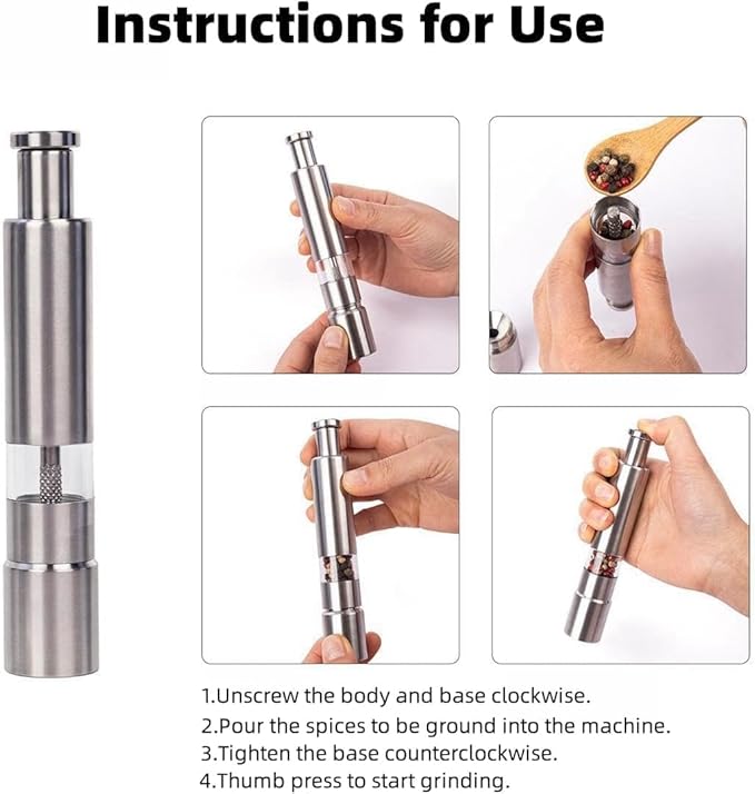 Stainless Steel Salt and Pepper Grinder Set, Manual Refillable Peppercorn Mills with Push Button, Thumb Grinder, Sliver White