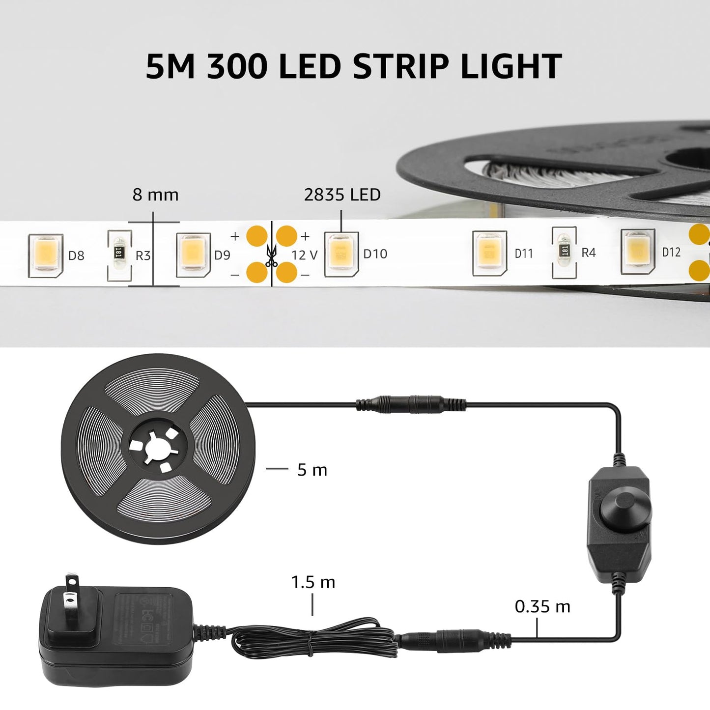 Lepro Led Strip Light, 16.4Ft Dimmable 6000K Tape Lights, 300 Leds, Strong 3M Adhesive, White, Ideal For Home & Kitchen Lighting