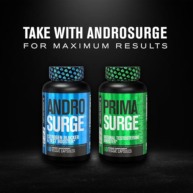 Jacked Factory Testosterone Booster for Men PRIMASURGE - w/Tongkat Ali, PrimaVie, Ashwagandha - Boost Vitality, Muscle Growth & Energy | Natural Test Booster Supplement - 60 Veggie Pills
