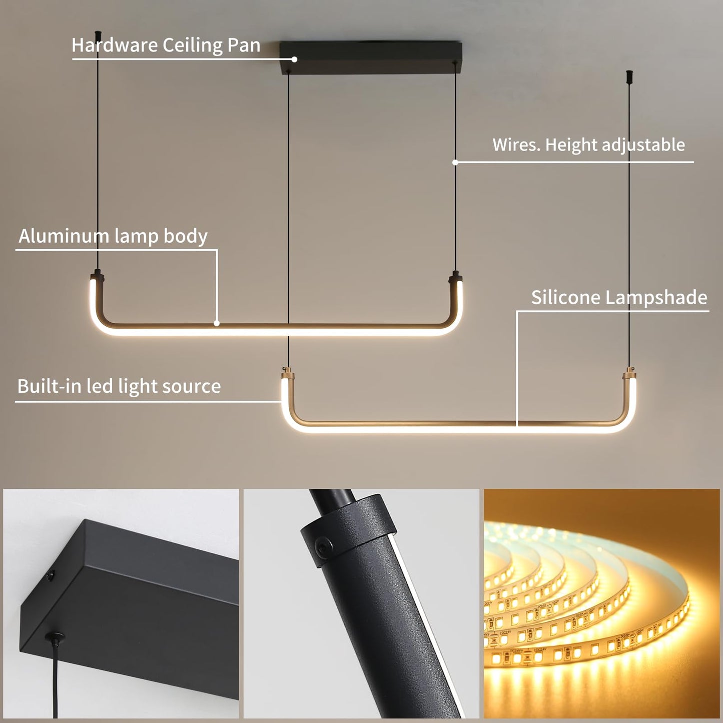 Mikeru 2-Light LED Chandelier Light, 47in Aluminum Pendant, Remote Control, 3000K-6500K Adjustable Color, H-Black, Model TC-MX36