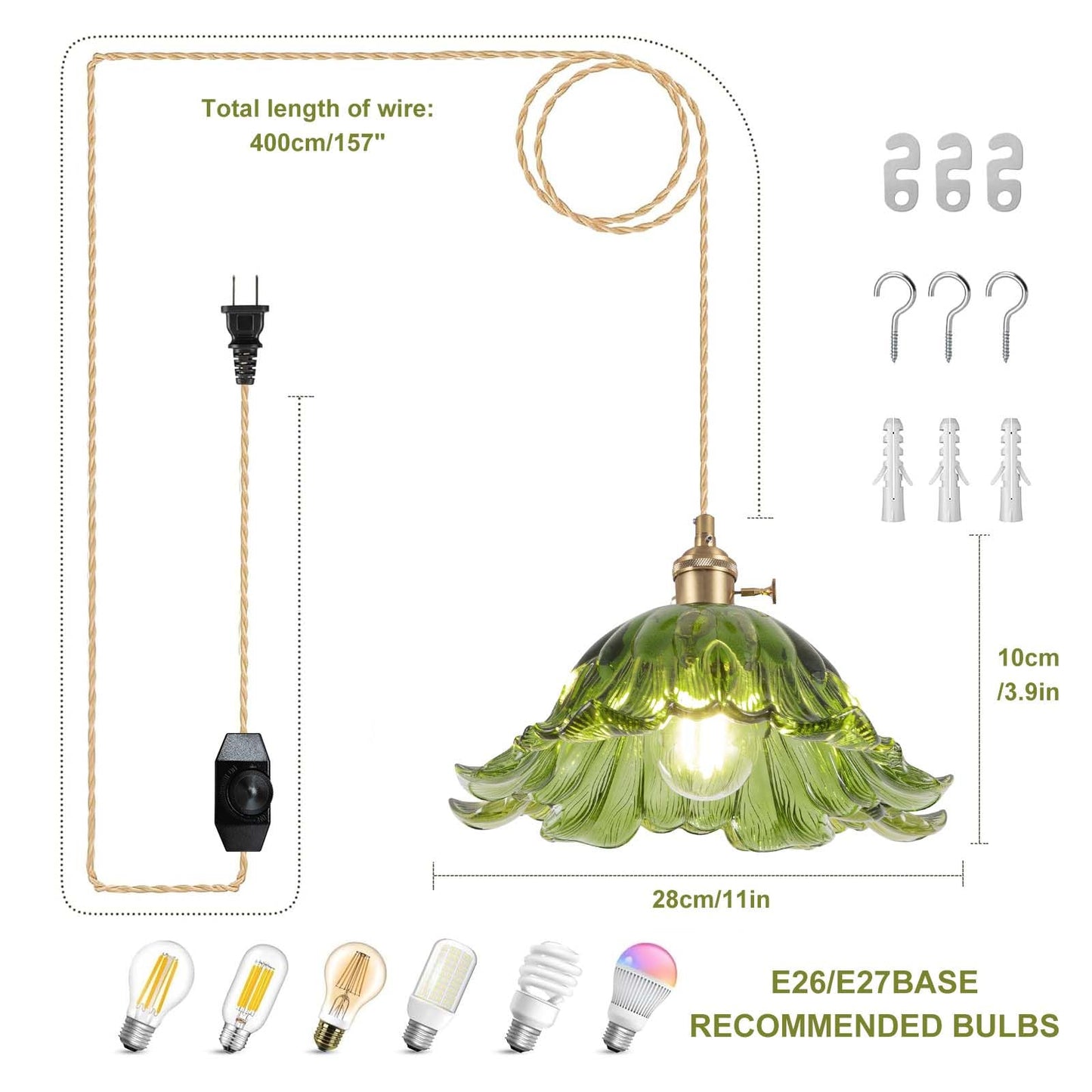 Loiogohot Plug In Pendant Light Fixtures Hanging Light Fixture Corded On/Off Switch 11 Inch E26 Green Glass Lampshade Pendant Lighting For Kitchen Island  Bedroom  Dining Room
