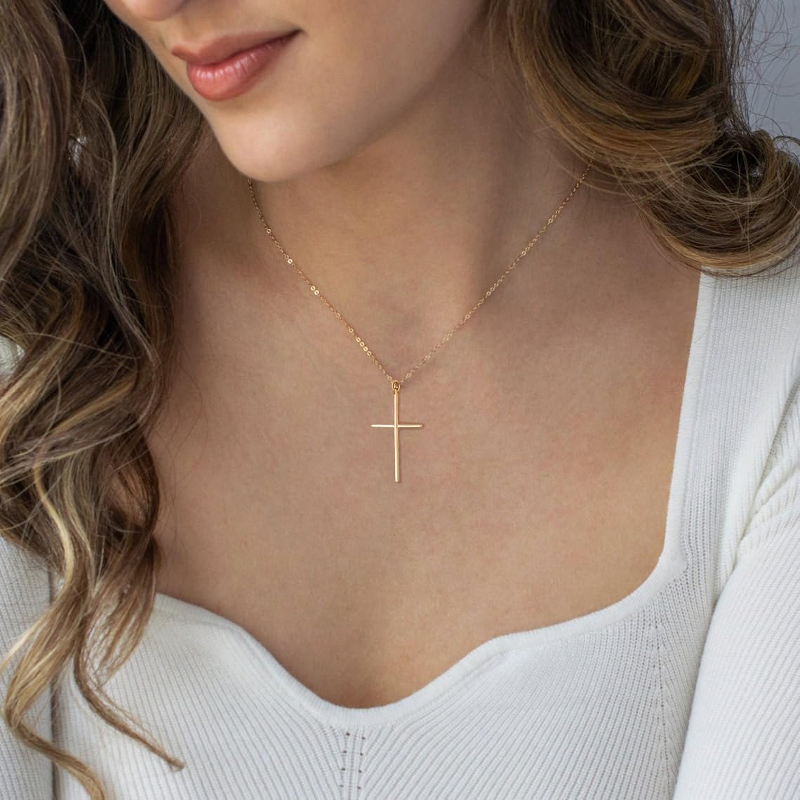 Bheop Cross Necklace for Women Trendy Simple 14K Gold Plated Dainty Thin Handmade Cross Pendant Charm Necklaces Cute Religious D