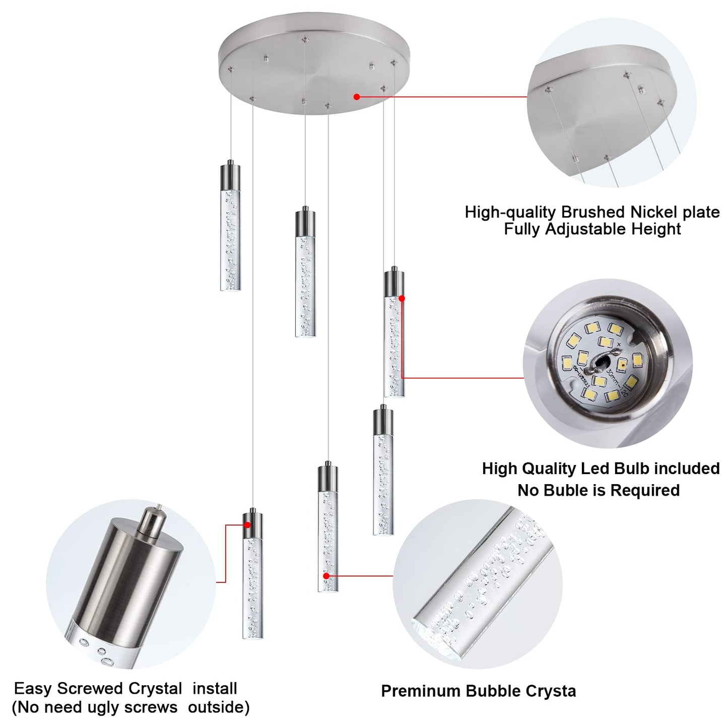 Votag Modern Chandeliers For High Ceilings  Brushed Nickel Foyer Pendant Lighting With Preminum Bubbles  Pendant Lights Kitchen 6-Lights Dimmmable For Foyer Dining Room  Kitchen Island Bars