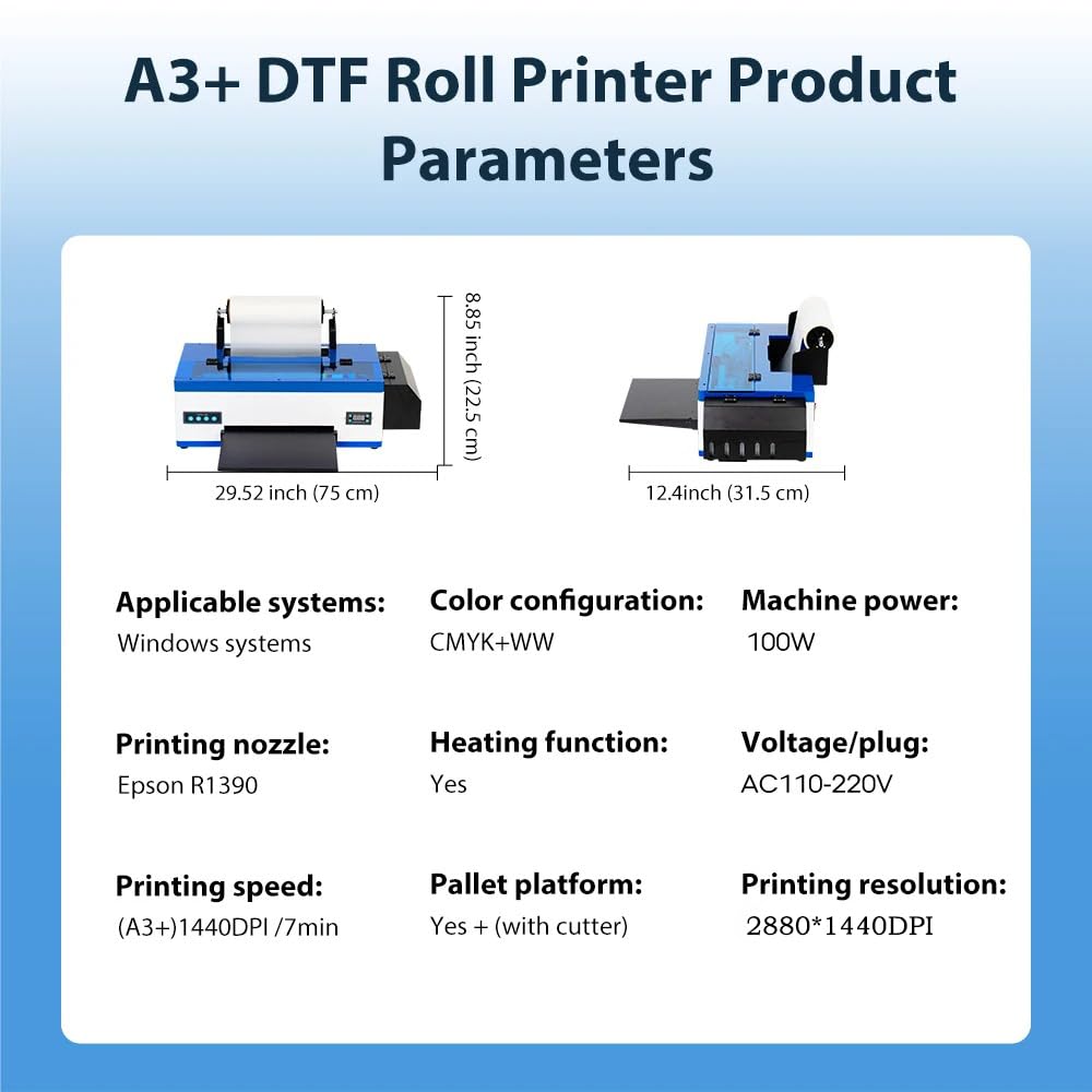 Punehod A3 Dtf Printer, R1390 Direct To Film Machine, White Ink Circulation System, Roller And Sheets Feeder, Compatible With Mu