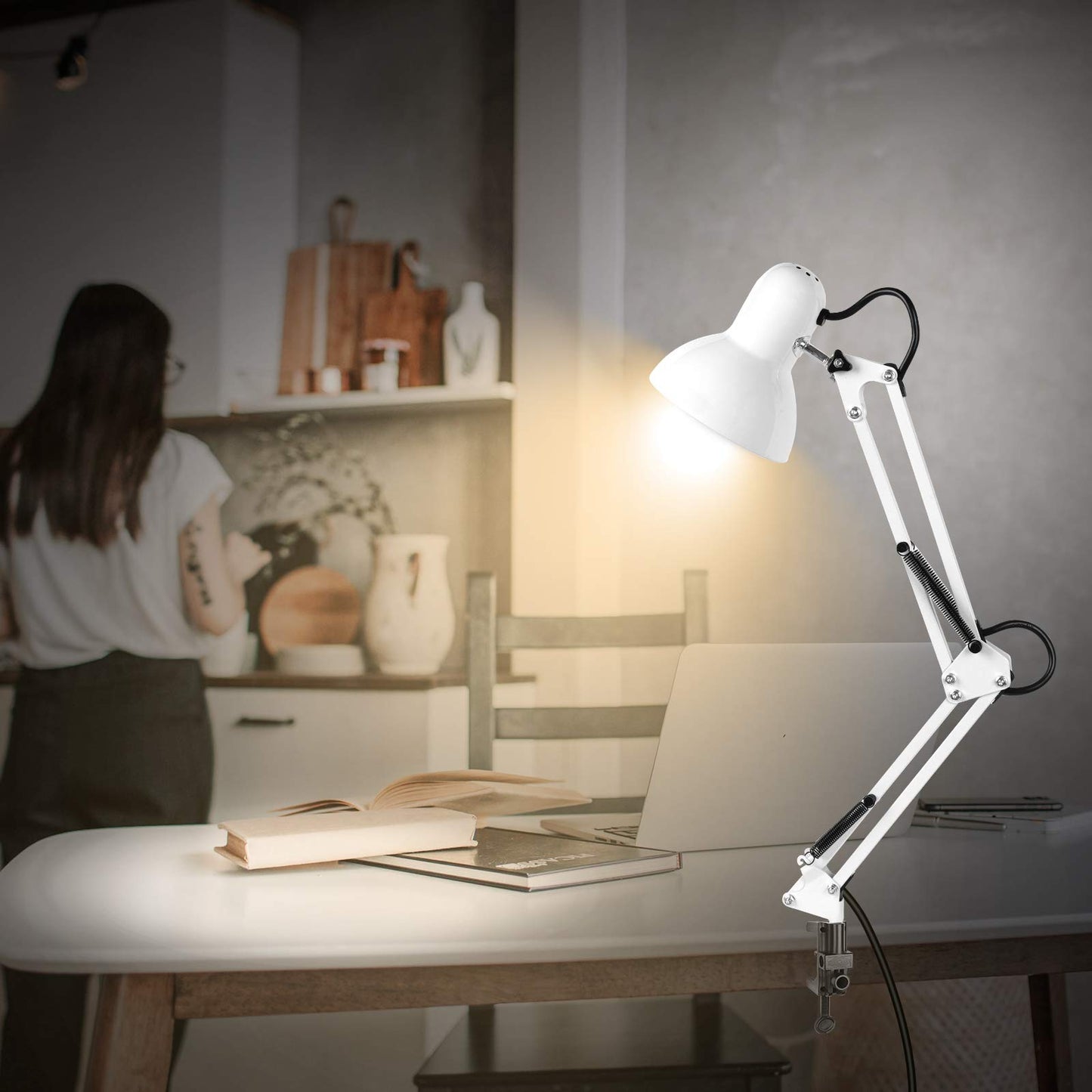 Ameritop Adjustable Metal Desk Lamp, Goose Neck Swing Arm, Eye-Caring, White