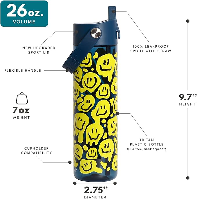 Elemental Splash Water Bottle with Straw - BPA-Free Tritan Plastic Reusable Water Bottle with Strap - Ideal for Travel, Gym and Sports - Leak Proof when Spout is Closed - 26oz - Smiley Melt