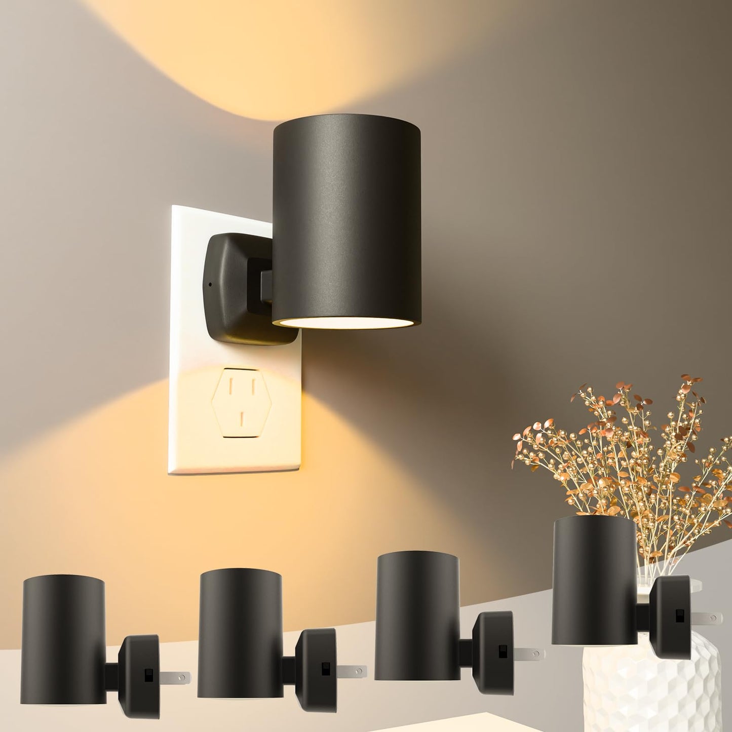 NOVELUX LED Night Light Plug-in, Dimmable, Warm 2700K, Wall Lights for Bedroom, Hallway, 4 Pack, Model NL-1.2W-2700