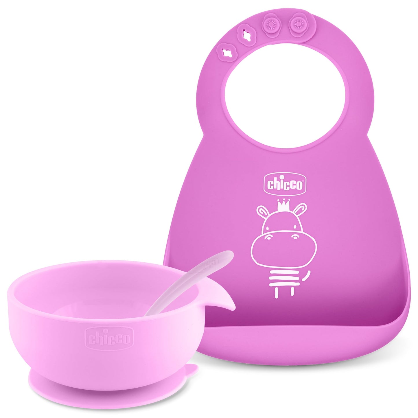 Chicco Easy Start Silicone Feeding Set | Dishes for Baby-Led Weaning | Suction Bowl | Adjustable Silicone Bib | Soft Silicone Spoon | BPA-Free | 3 Piece Set | 6m+ | Pink