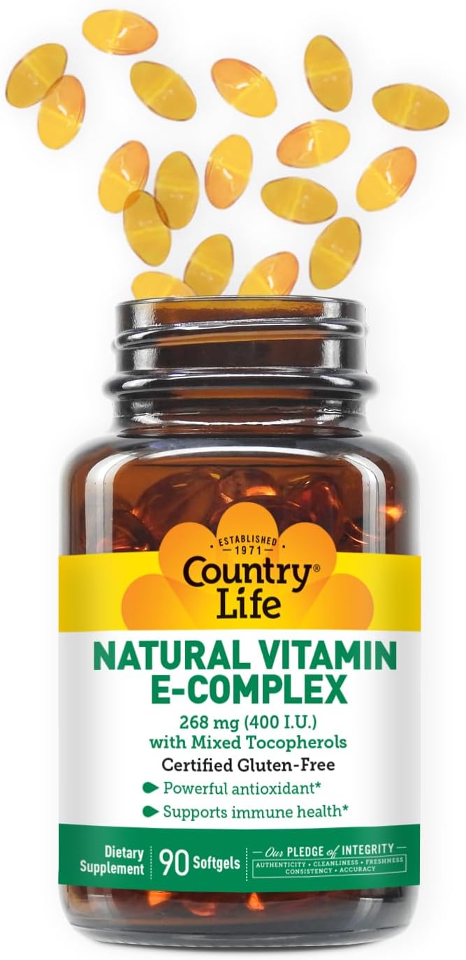 Country Life Natural Vitamin E-Complex - Support Immune Health - 400 IU Softgels with Four Tocopherols - Powerful Antioxidant for Oxidative Stress - Vitamin E Oil for Skin - 90 Softgels