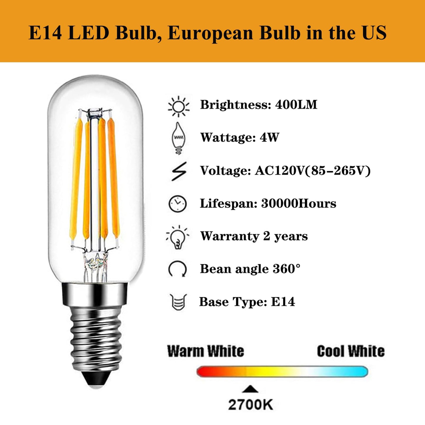 Shuwdkar E14 Led Bulb 4W Warm White 2700K Clear Vintage Candelabra Bulbs, 6 Pack, Glass