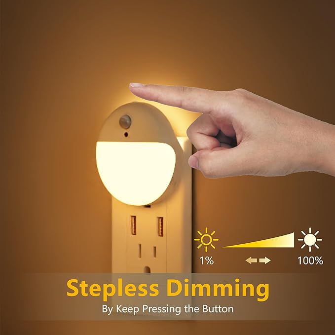 2 Pack Plug in Night Light with 3 Lighting Ways, Stepless Dimming, Light Sensor, Warm White Nightlight for Bathroom, Hallway, Stairs, Bedroom, Kitchen, Kids, Girls, Boys, Adults
