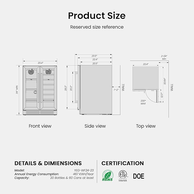 Yeego Wine and Beverage Refrigerator, 24" Dual Zone Upgraded Wine Beverage Cooler Built-In or Freestanding Wine Fridge with Glass French Door,Large Capacity Beer Fridge Holds 20 Bottles & 60 Cans