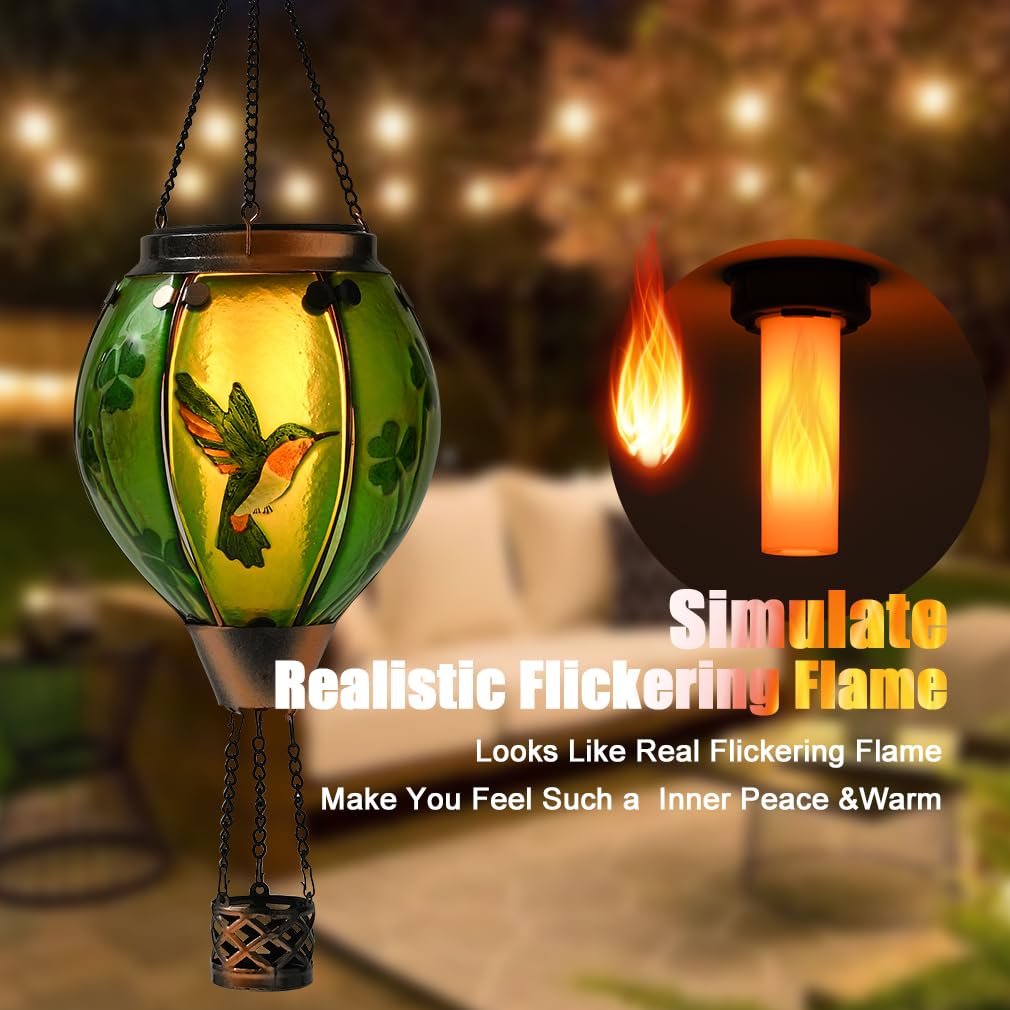 St Patricks Hot Air Balloon Solar Lantern - PatrickS Shamrock Glass Lantern  Simulated Flickering & Dancing Flame  Outdoor Hummingbird Hanging Yard Light For Patio Porch Decor Irish Clover Gift