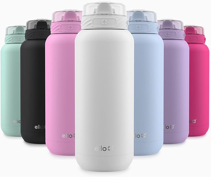 Ello Cooper 32oz Stainless Steel Water Bottle with Straw and Carry Handle, Double Walled and Vacuum Insulated Metal, Leak Proof Locking Lid with Soft Silicone Spout, Reusable, BPA Free, White