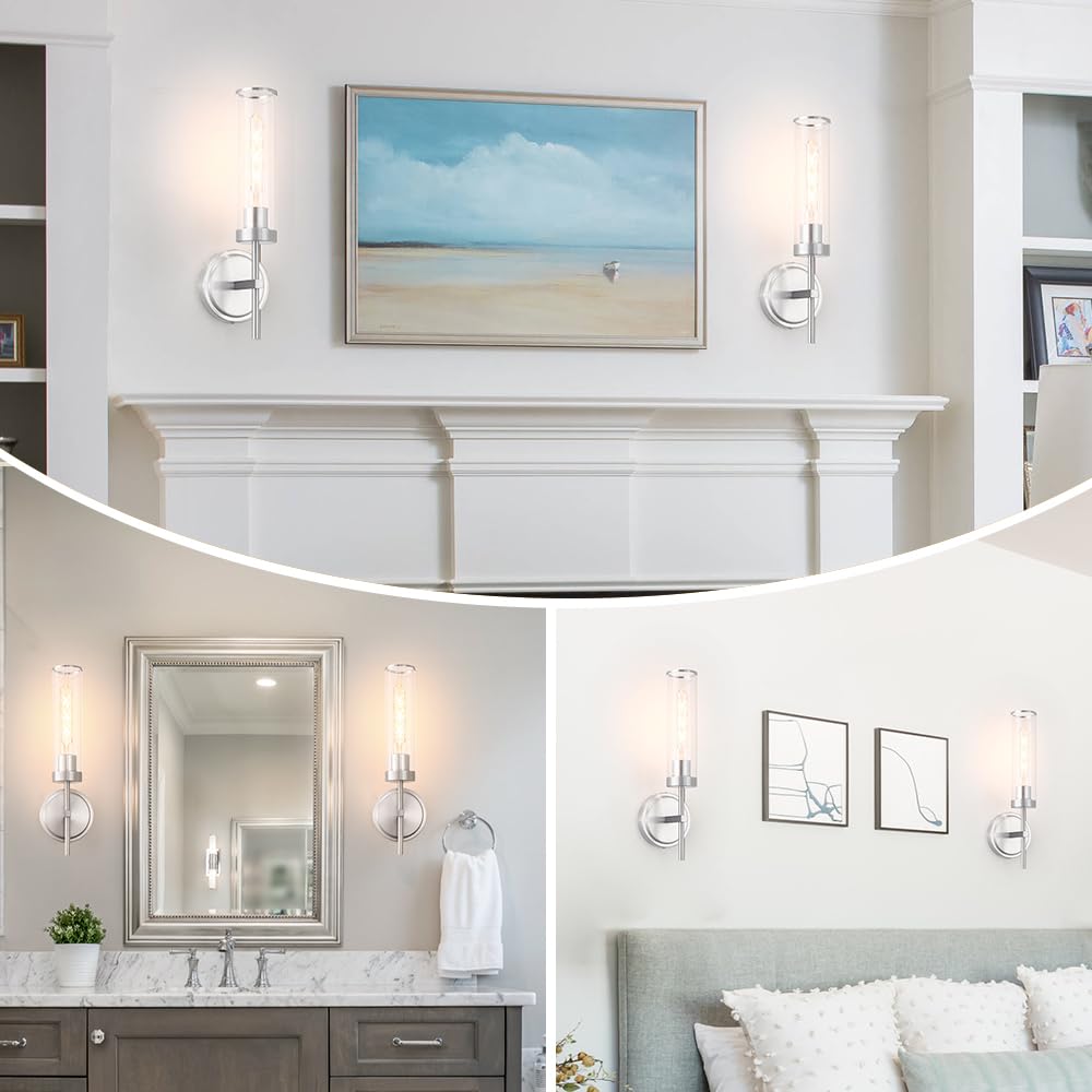 Wall Sconces Set Of 2  Brushed Nickel Sconces Wall Lighting  Modern Bathroom Vanity Light Fixtures With Clear Glass  Bathroom Sconces Wall Mount Lights For Living Room Bedroom Hallway  Hardwired