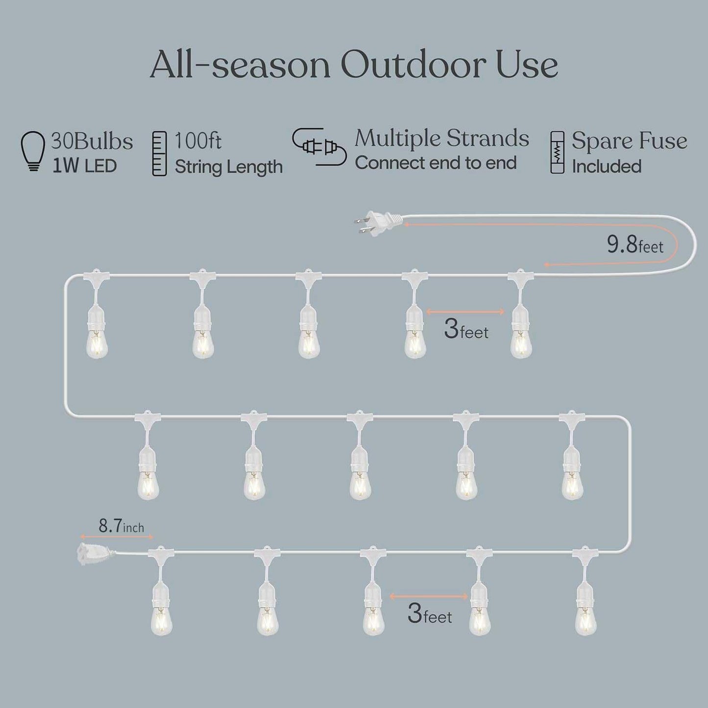Meidaoduo Outdoor String Lights LED 100FT White 32 Dimmable Shatterproof Bulbs PVC Waterproof Patio Lighting MDDUS10030-TS20W0-S14