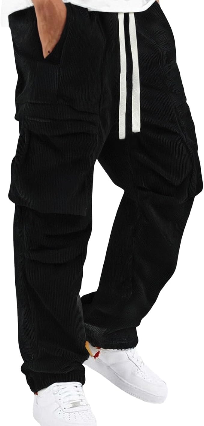 Men Corduroy Cargo Pants 2026 Winter Warm Drawstring Elastic Waist Pants Casual Trendy Solid Regular Fit Lightweight Trousers
