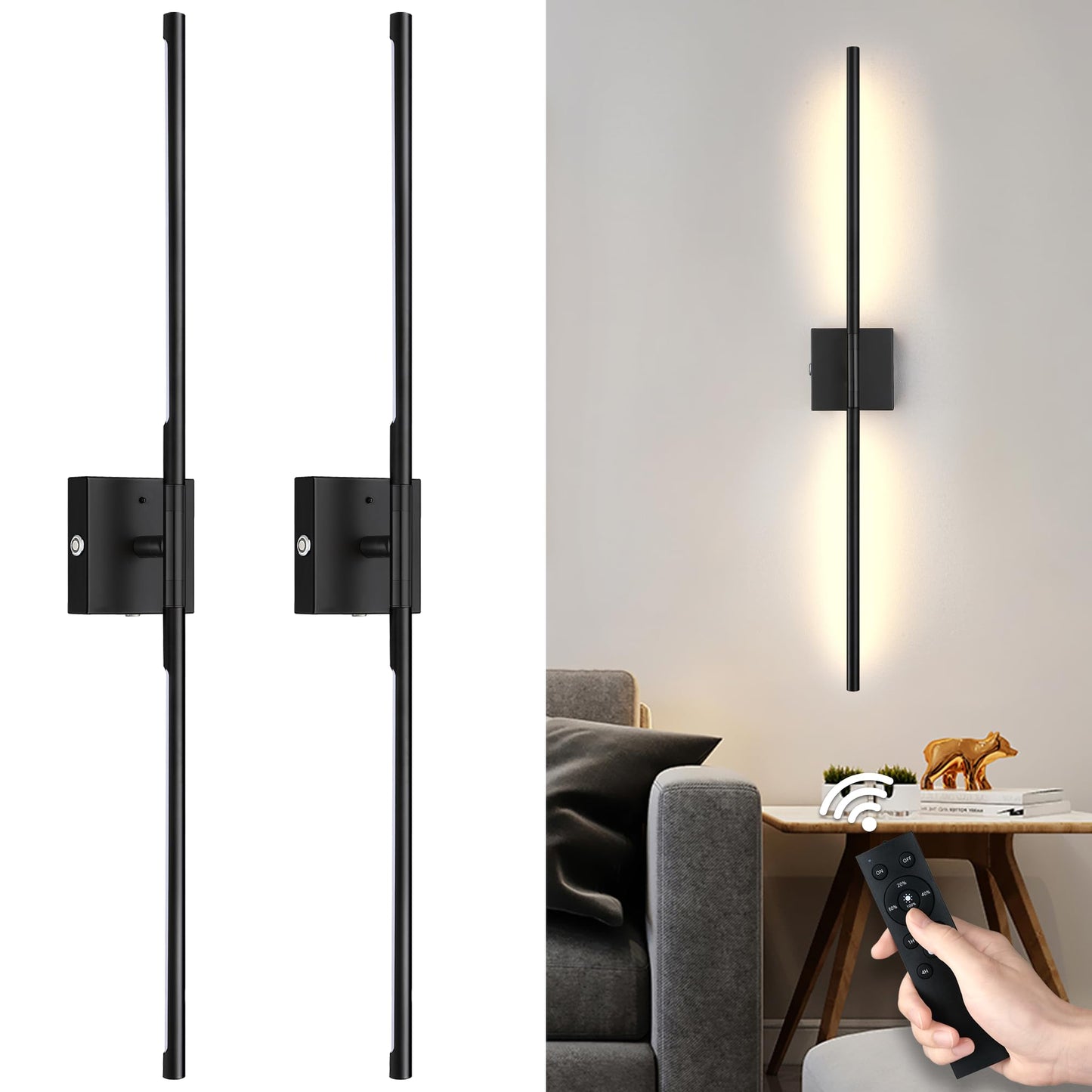 gernehop Battery Operated Wall Sconces Set of 2, Dimmable LED, 36 Inch, Black, Model W6022-BK-2PK