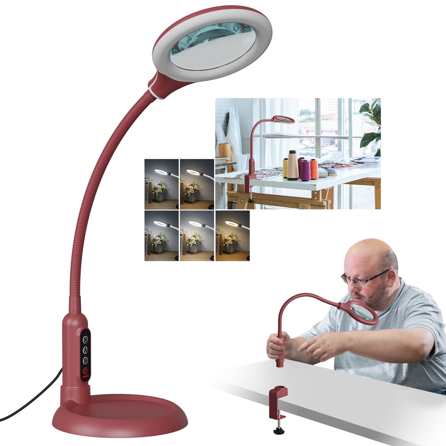 RackydigPro 10X Magnifying Glass with Light, LED 5 Color Modes, Stepless Dimming, Aluminum, Red, Model RJT031FE01R