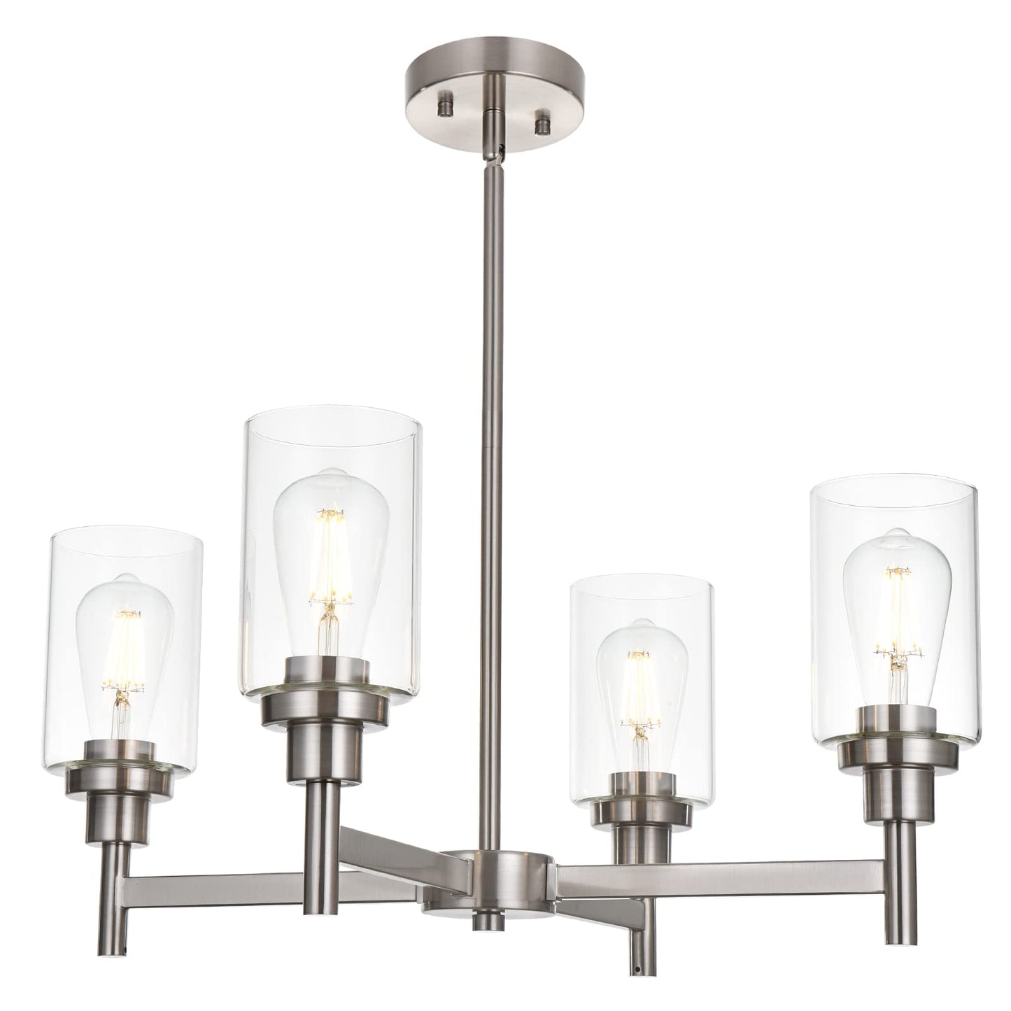 VINLUZ 4 Light Modern Chandelier Pendant Lighting Brushed Nickel Clear Glass Shades for Dining Room Kitchen Living Room Model 210-4SN