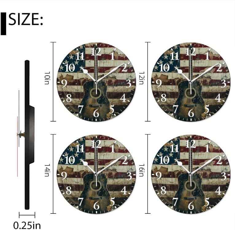 Guitar Wall Clock Non-Ticking Silent Clocks Battery Operated Analog Decor Clock for Home-Acoustic Guitar Leaning Against Old American Flag(16inch)