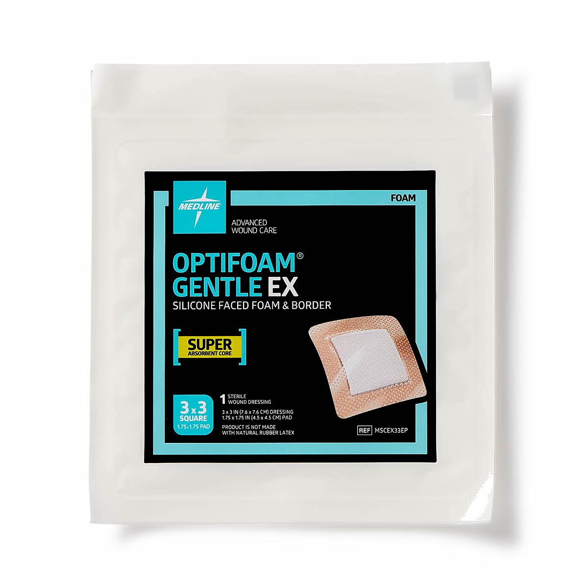 Medline Optifoam Gentle EX Bordered Foam Adhesive Dressing, 3" x 3" Square (10 Count)