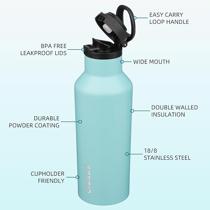 BJPKPK Insulated Water Bottle With Straw 17oz Stainless Steel Water Bottles With 2 Lids And Carry Handle Reusable Travel Metal Thermal Flask,Turquoise
