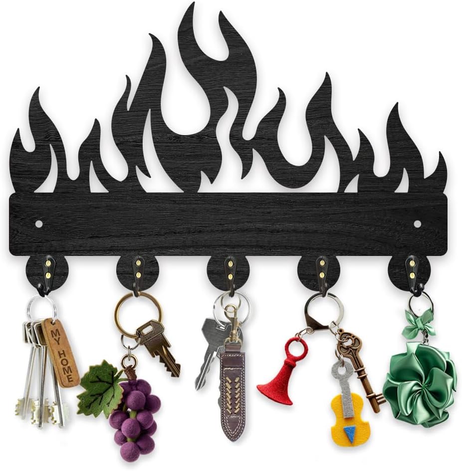 MAYJOYDIY Wooden Flame Key Holder Wall Mount 11.8 x 7.8 inches Fire Key Hanger Wall Art Decor Burning Flame Key Organizer Rack with 5 Alloy Hooks for Entryway Bedroom Living Room Office