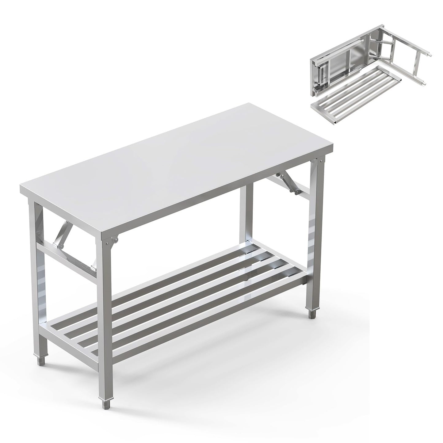 PurezmMoto Folding Stainless Steel Table with Adjustable Table Corners and Lower Removable Shelf 20X45 Inches for Outdoor Camping, Maintenance Room, Storage, Kitchen (with undershelf)