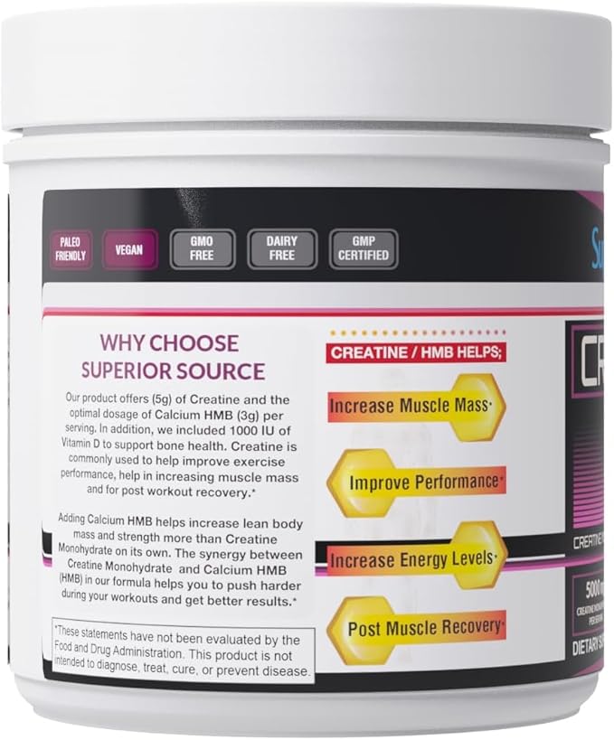 Superior Source Creatine HMB - Creatine Monohydrate for Muscle, Recovery & Exercise Support - Dye-Free - Unflavored, 8.75 oz
