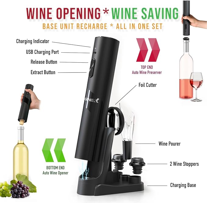 Electric Wine Opener with Charging Base | Electric Corkscrew Wine Bottle Opener at BOTTOM END + Auto Wine Saver Pump at TOP - Cool Wine Gifts and House Warming Gift