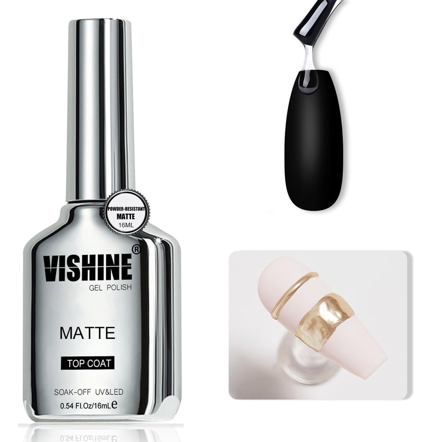 Vishine Matte Gel Top Coat, 16ml Powder-Resistant No Wipe for Chrome Powder Painting Art Matte Finish Long-Lasting UV Gel Nail P