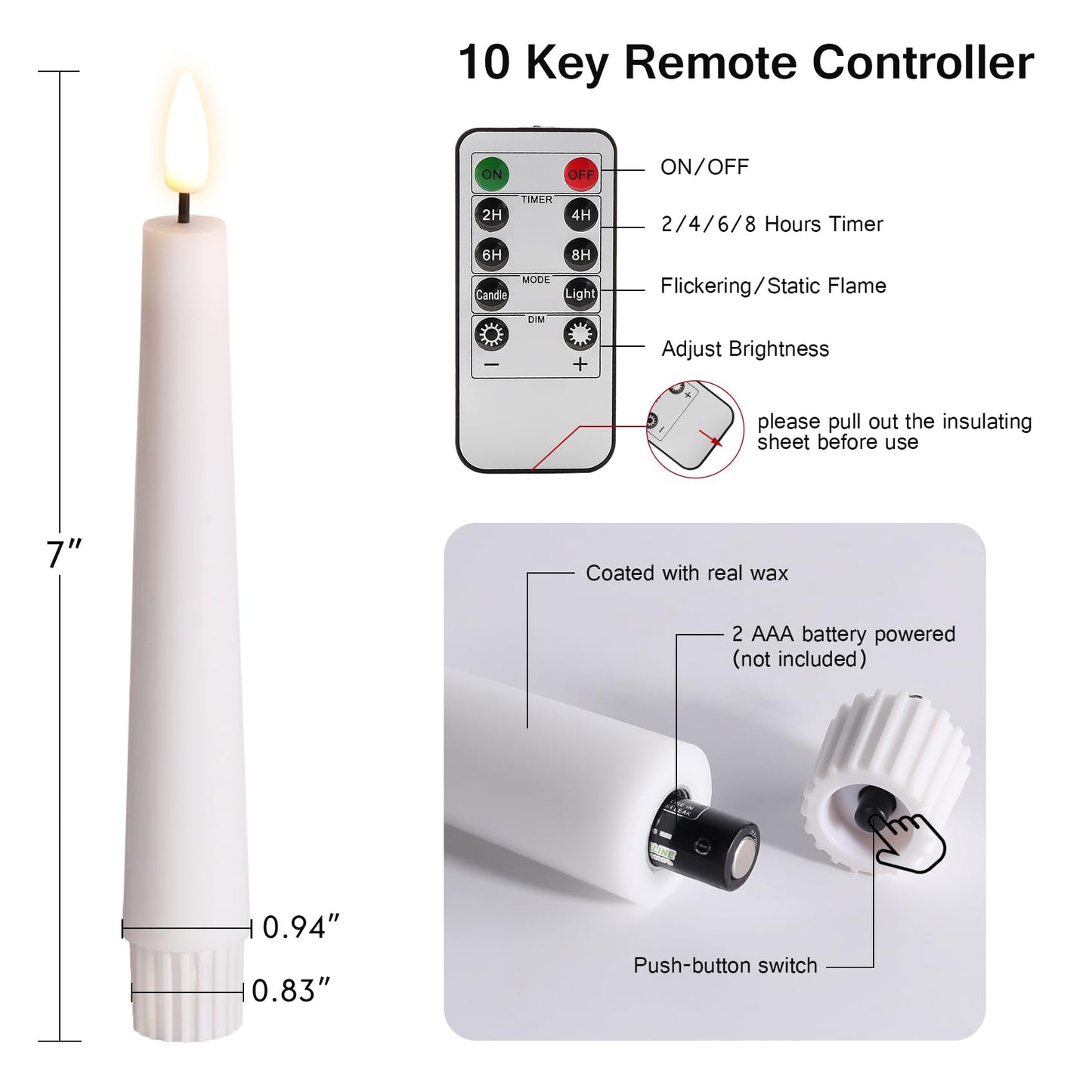 Eywamage Short White Flameless Taper Candles with Remote, Flickering Battery LED Wax Candlesticks Set of 6