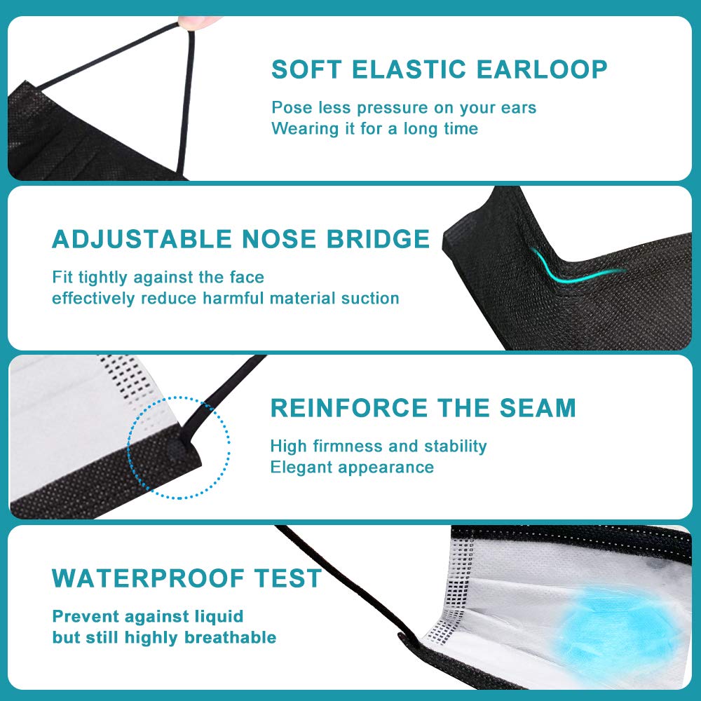 EHH Black Disposable Face Masks, Individually Wrapped, Breathable Face Mask for Men Women, 3- Ply, Comfortable Adult Masks with Adjustable Nose Wire & Elastic Ear Loop 50 Pcs, Black