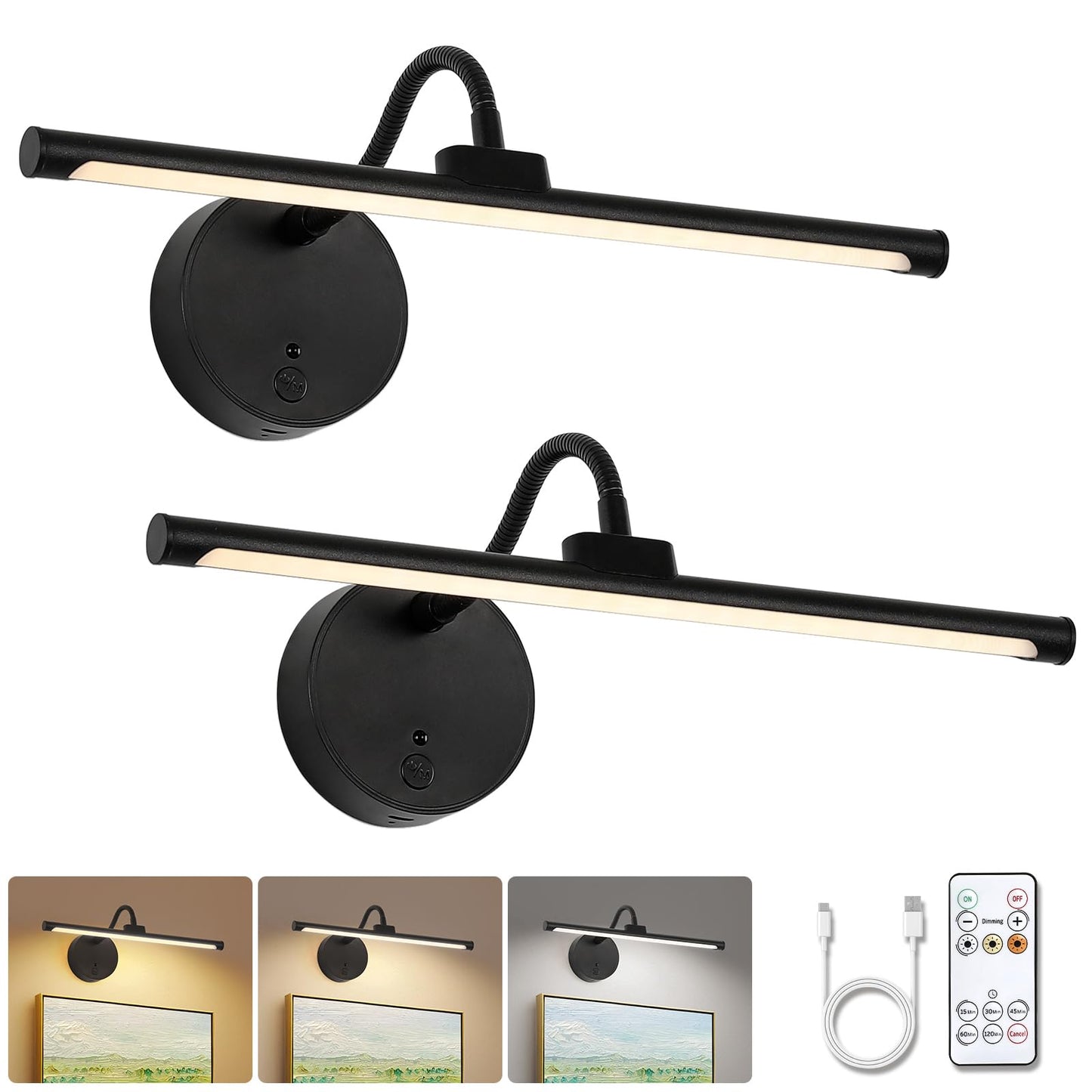 Picture Lights For Wall - Wireless Rechargeable Led Light With Remote  Adjustable Arm  Gold Battery Operated Display Lighting For discomfort-reducingtings  Bedroom  Gallery Wall D?Cor (Black  12.6 Inch - 2Pack)
