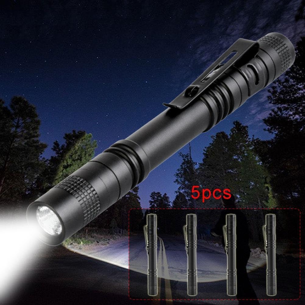 Tileon 5Pcs Led Pen Flashlight, 500 Lumen Mini Pocket Light, Aluminum, Black, Model 316