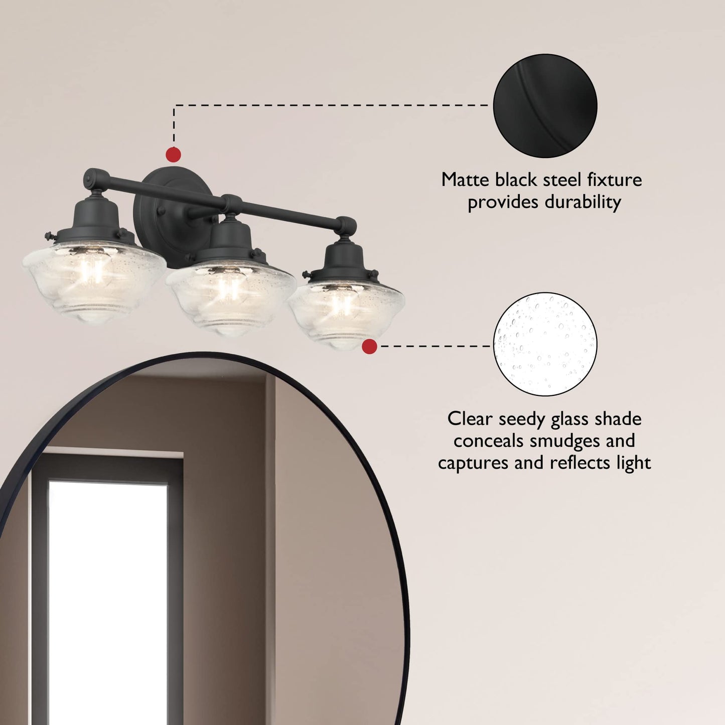 Design House 3-Light Dimmable Vanity Light, Matte Black, Clear Seeded Glass Shades, 23.125 in x 7.625 in x 9.5 in, Model 589
