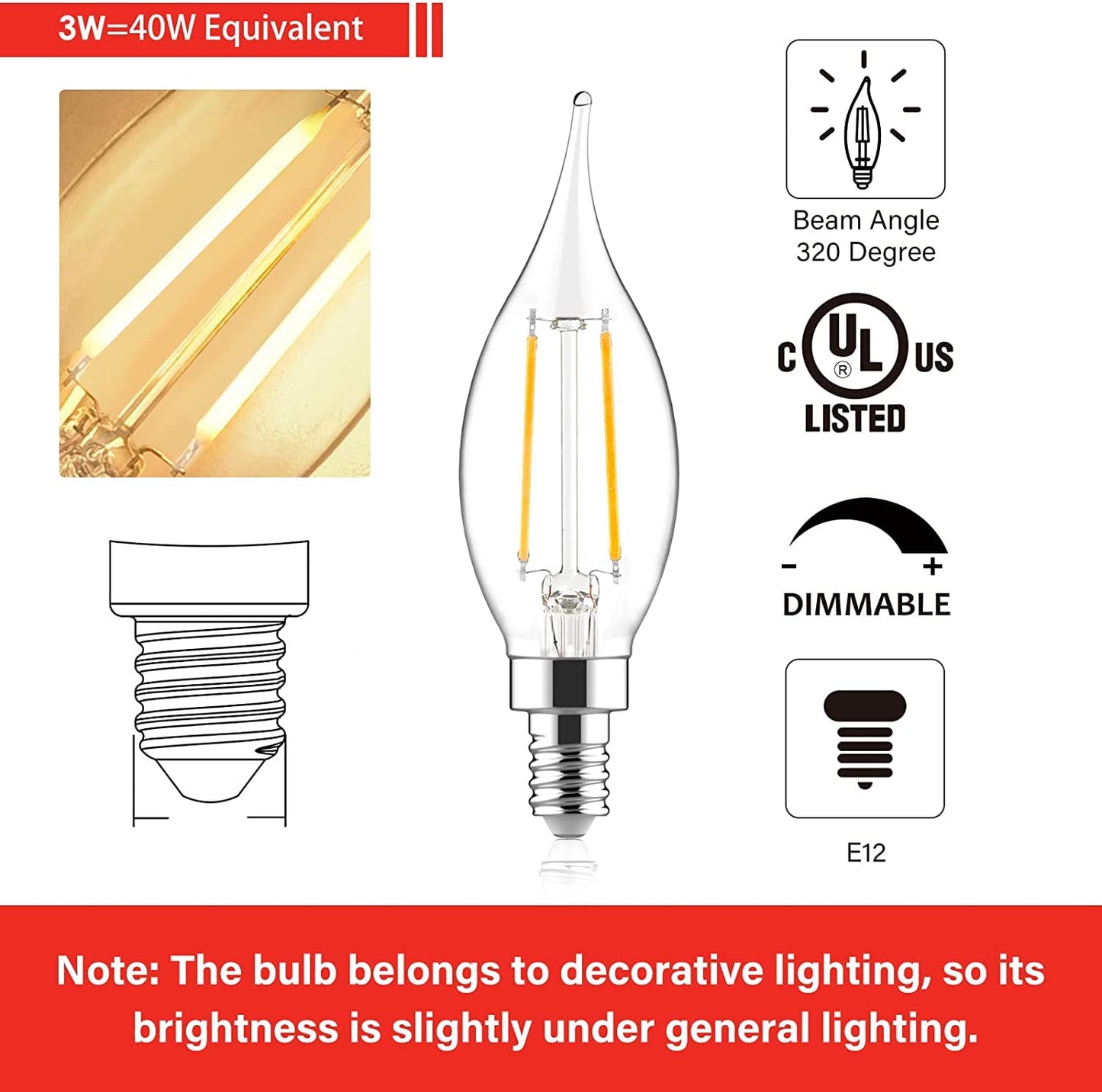 Sengled Candelabra LED Light Bulbs, Dimmable, 40W Equivalent, CA10 Flame Tip, 2700K Soft White, 24 Count, Glass