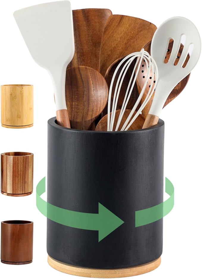 Wooden Utensil Holder, 360°Rotating 7.3'' Large Utensil Holder for Kitchen Counter, Kitchen Utensil Organizer, Utensil Crock, Farmhouse Kitchens Countertop Decor, Black Color